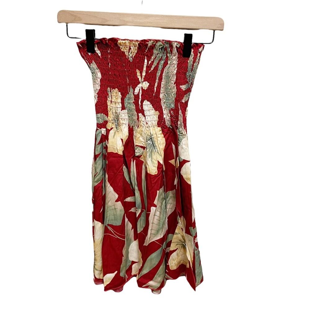 Vintage Red Aloha Hawaiian Print Smocked Babydoll Strapless Blouse One Size